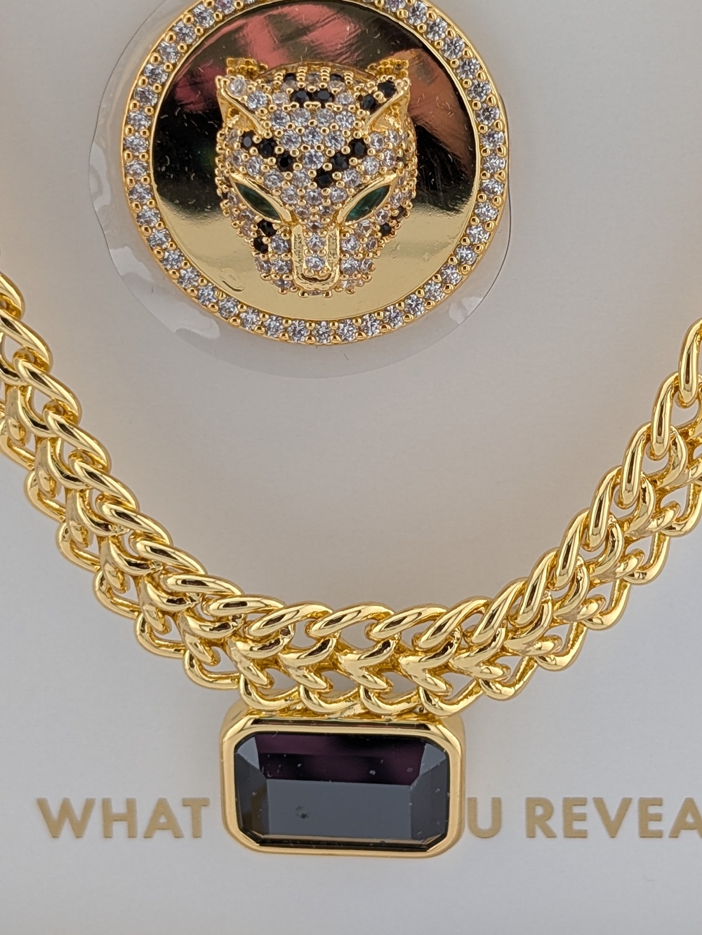 Gold-Tone Statement Necklace with Purple Gem and Leopard Medallion